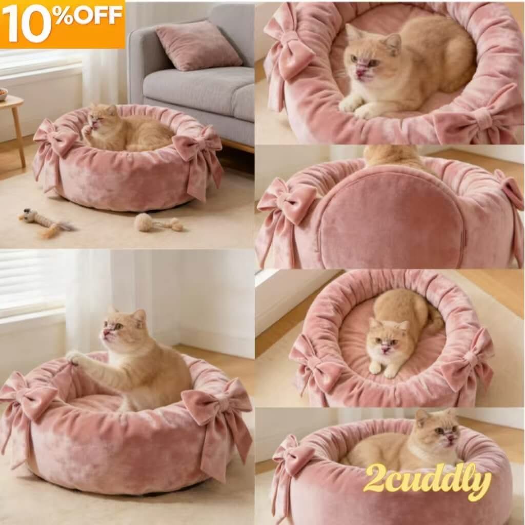 Velvet Pet Bed for Cats - Pink, Round, Bow Decor, Soft Plush