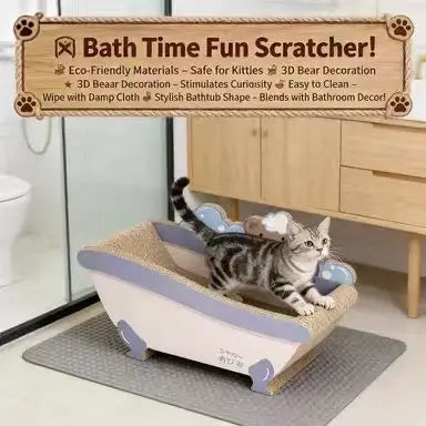 Bath Tub Cat Scratcher: Rest & Scratch, Bear Design, Colorful Surface (Blue-Pink)