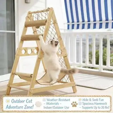 A-Frame Cat Scratcher: Multi-Zone, Hammock & Net, Wooden Design (Natural Beige)