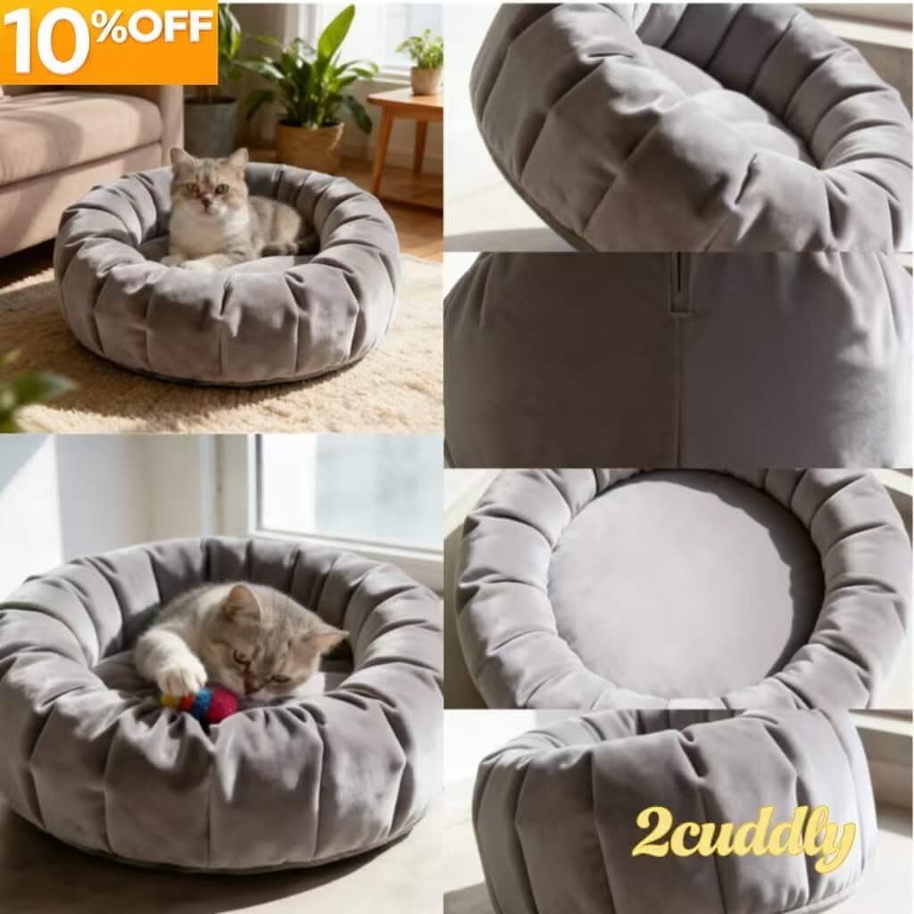 Pleated Velvet Pet Bed for Cats - Gray, Plush, Round, Soft Cushion, All-Season