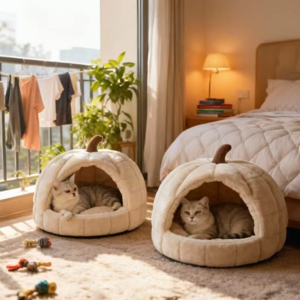 Adorable Pumpkin Pet Cave Bed for Cats- Plush, Cozy Hiding Spot, Beige, All-Season