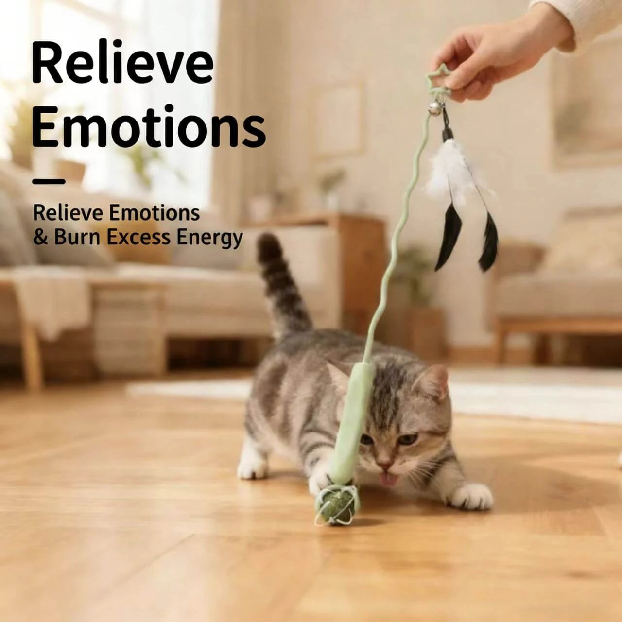 Dual-Function Cat Teaser - Flexible Wand, Feather Toy & Catnip Ball, Green