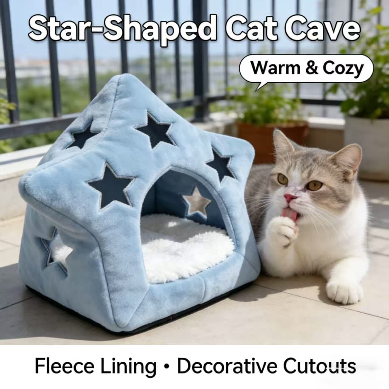 tar-Shaped Cat Bed , Fleece Lining Decorative Cutouts Light Blue for Cats