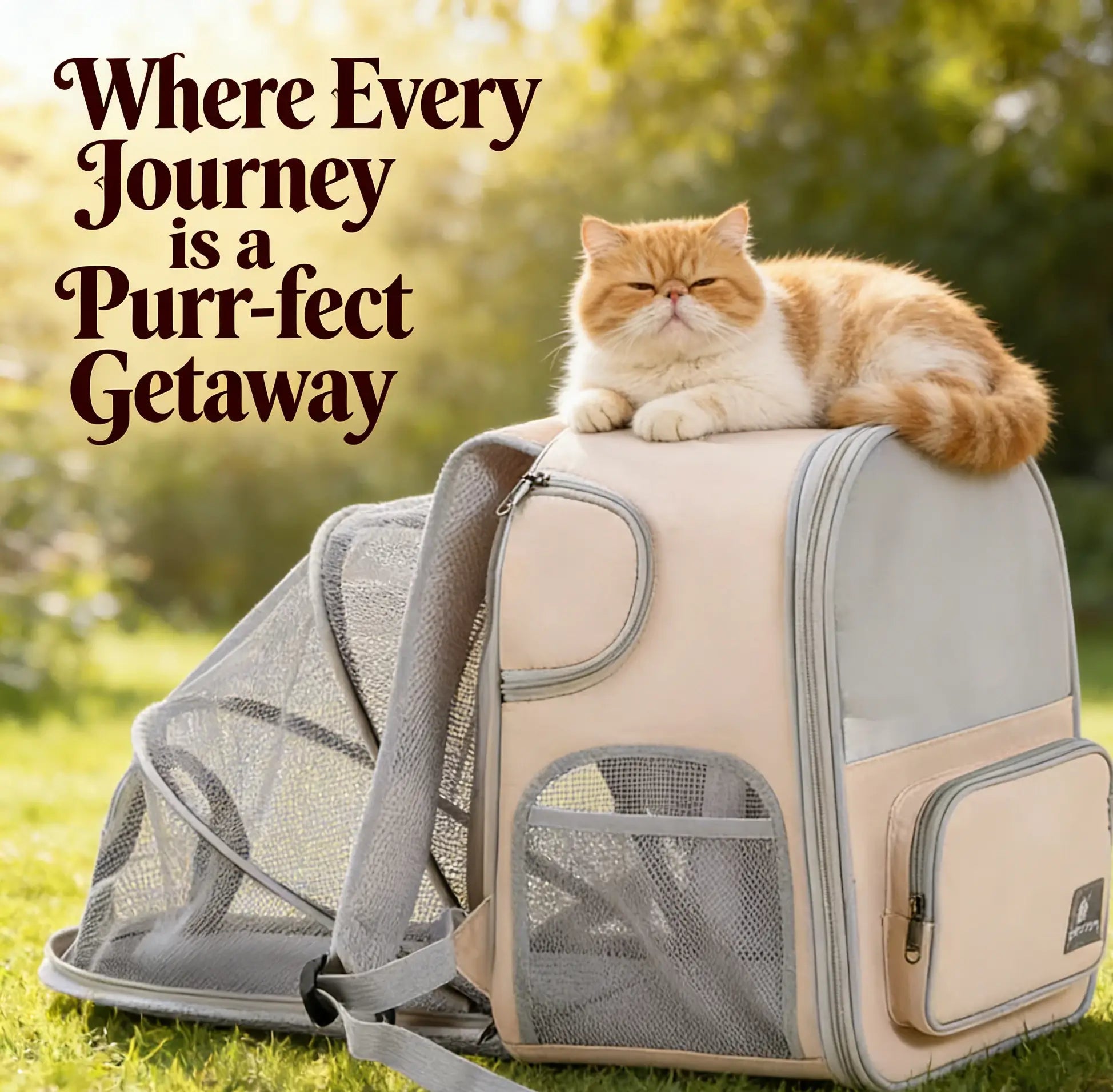 Expandable Breathable Pet Backpack Carrier for Cats, Beige Mesh Extension