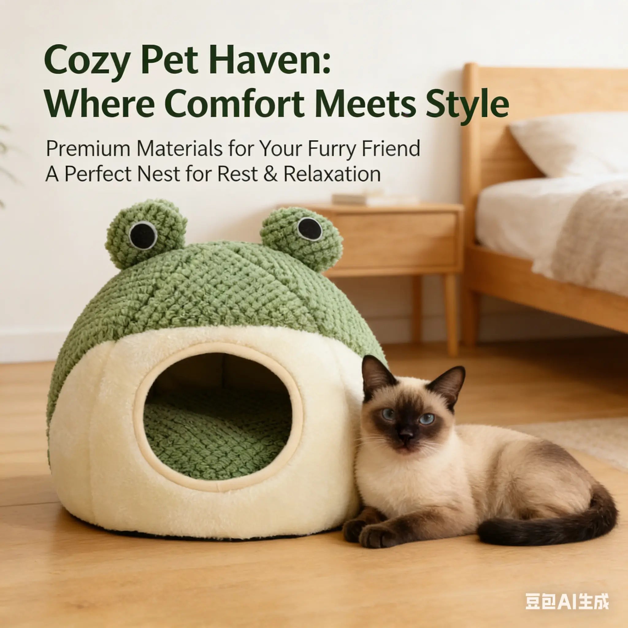 Warm Enclosed Pet Bed: Frog Design, Plush Lined (Green-White, Winter)