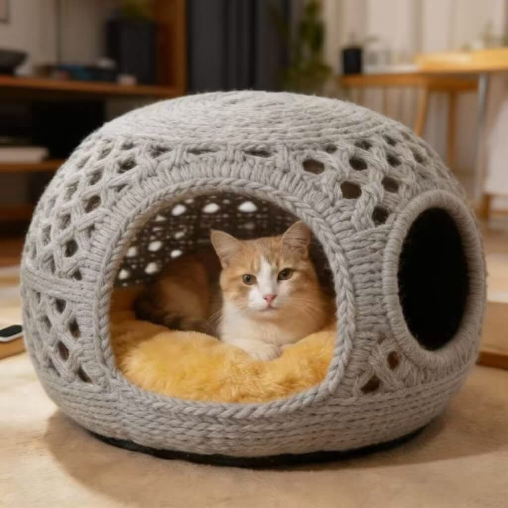 Crochet Pet Cave Bed for Cats - Gray, Breathable, Yellow Cushion, Cozy Hiding Spot