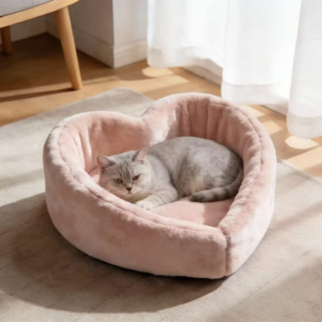 Cozy Pet Bed for Cats - Pink, Heart Shape, Plush Faux Fur Fabric