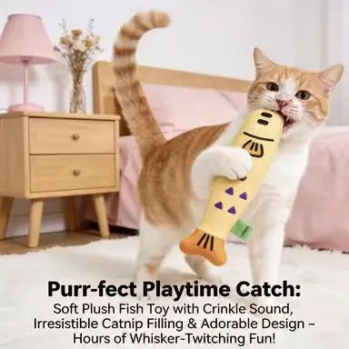 Interactive Play Plush Cat Toy: Fish Shape, Beige & Purple Soft Material