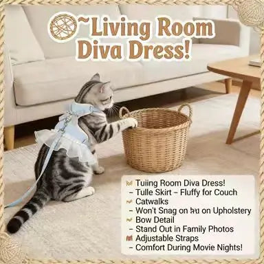 Fancy Escape-Proof Cat Harness & Leash: Tutu Dress Design, Bow Accent (Blue-White)