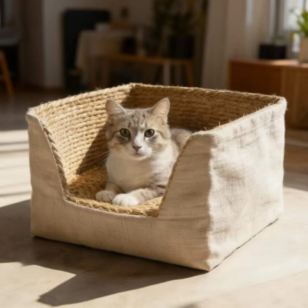 Natural Weave Pet Bed for Cats - Beige, Wicker-Linen, Breathable, Cozy Cushion, All-Season