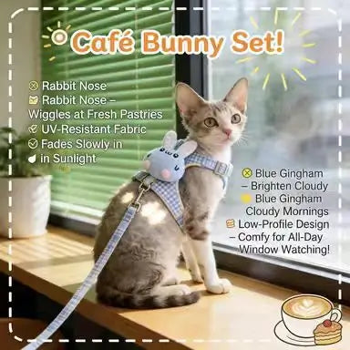 Escape-Proof Cat Harness & Leash: Adjustable Fit, Plush Bunny Accent (Light Blue)