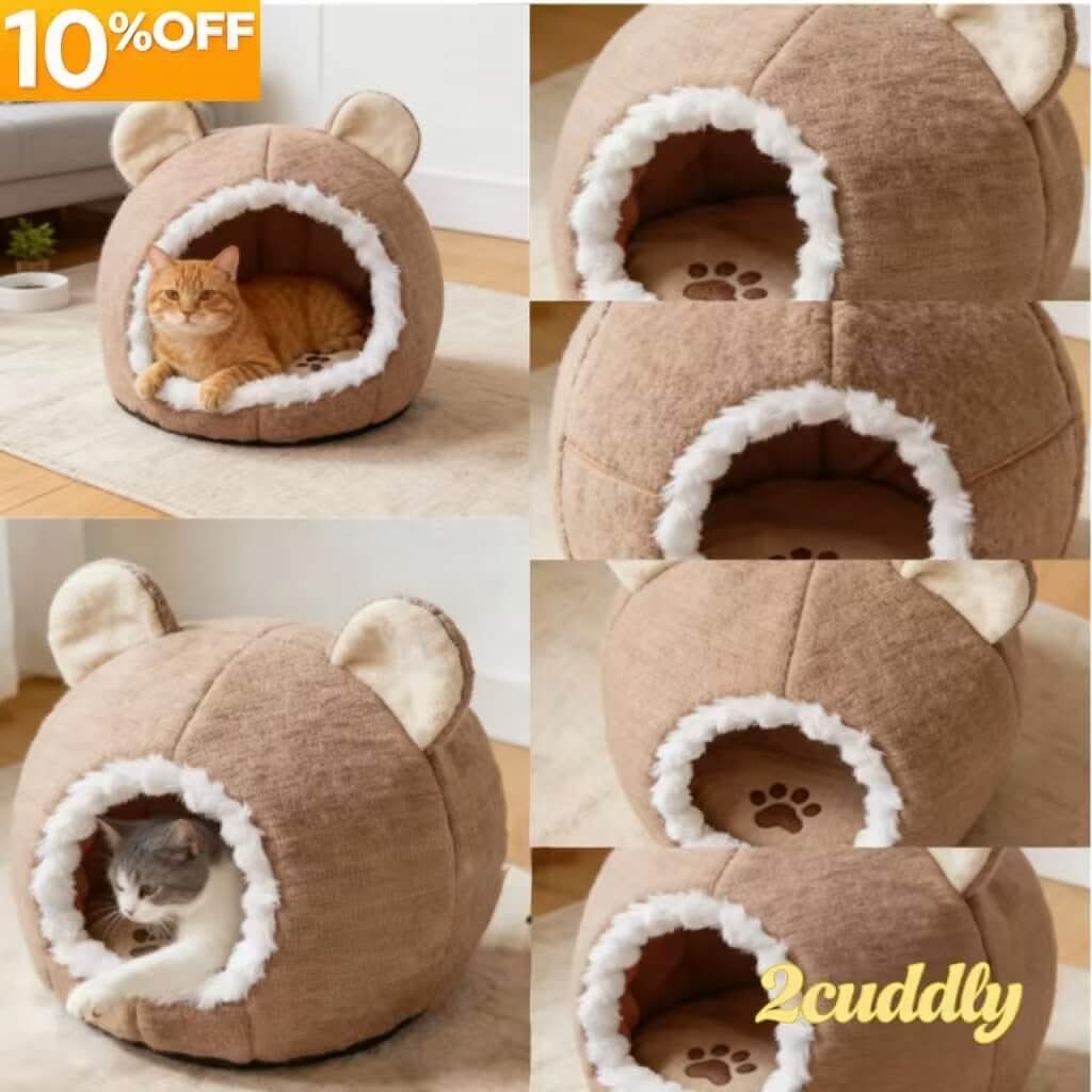 Adorable Bear-Ear Pet Cave Bed for Cats- Paw-Print, Plush, Brown, Cozy Hiding Spot, All-Season