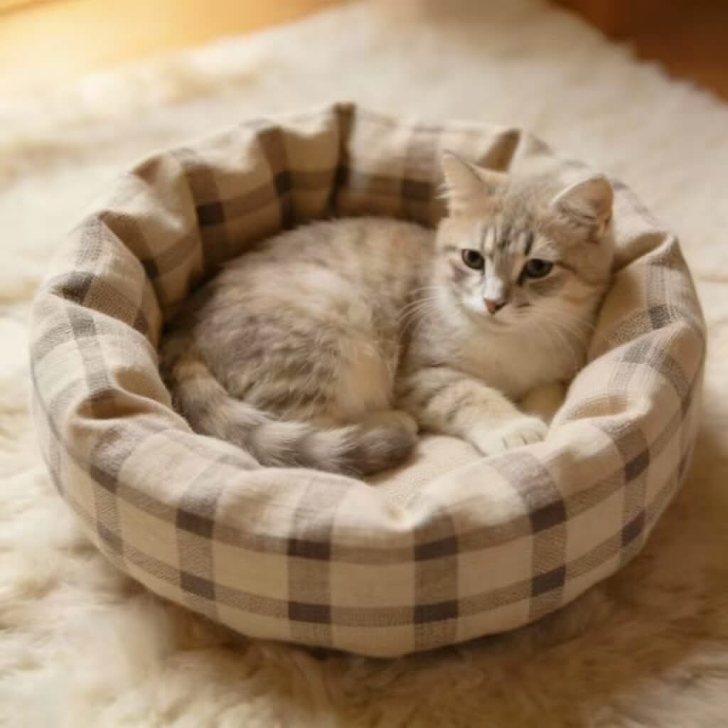 Plaid Pet Bed for Cats - Beige-Gray, Round, Soft Fabric, Cozy Cushion, All-Season