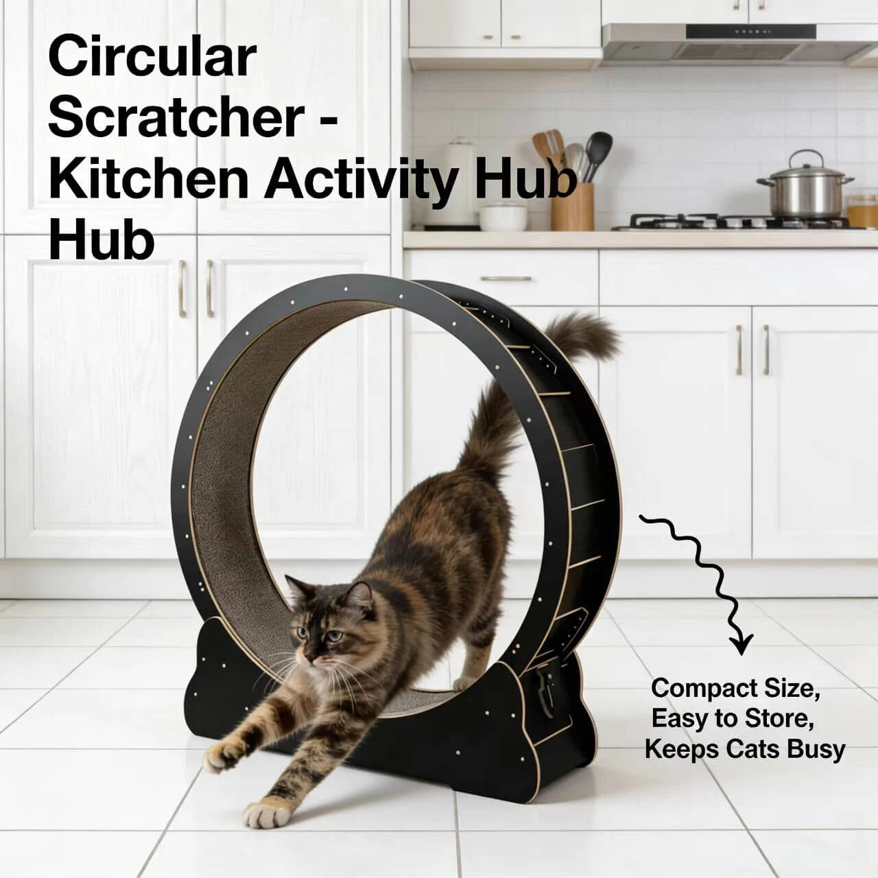 Indoor Cat Exercise Wheel - Carpeted Scratching Surface, Sturdy Wood Frame, Black