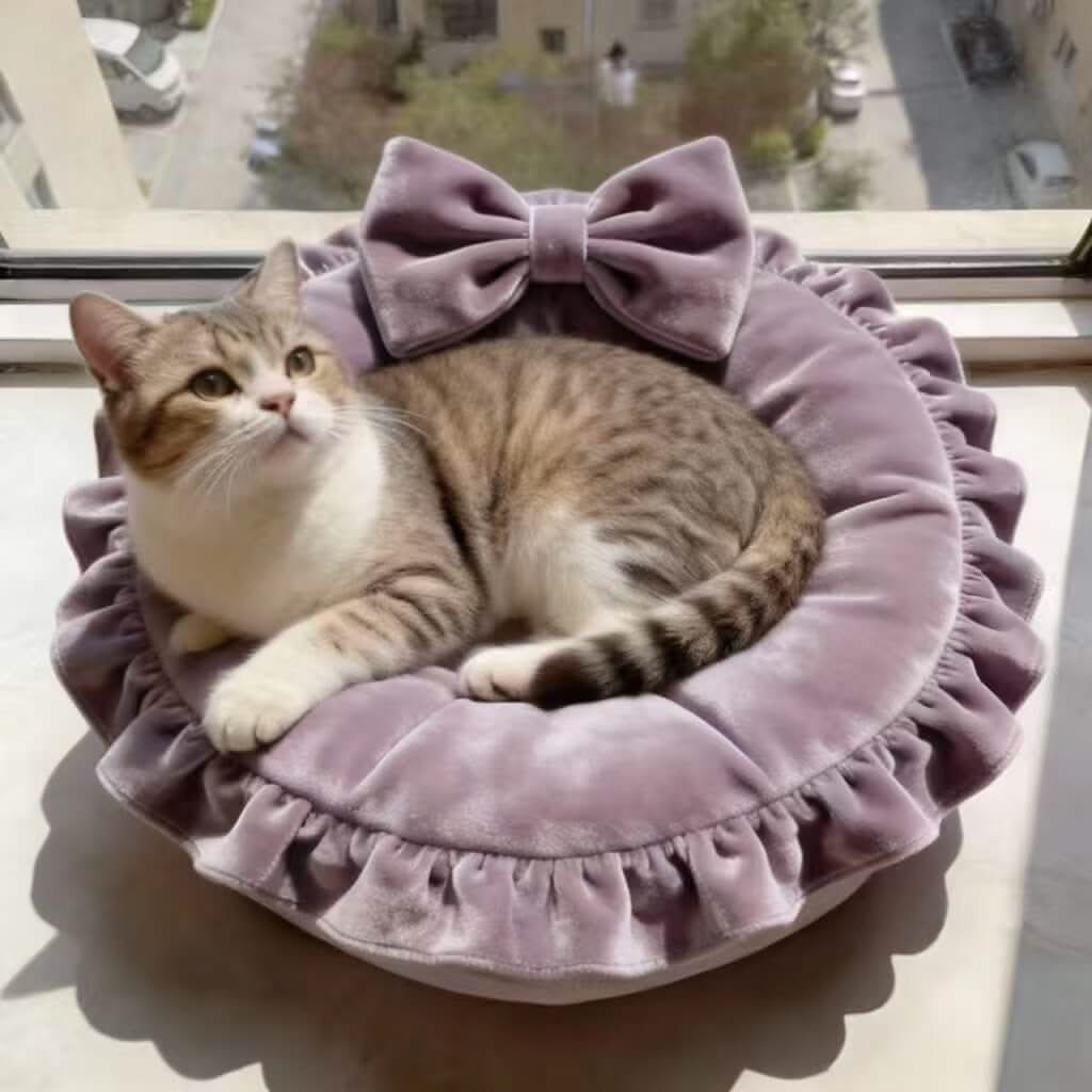 Soft Velvet Pet Bed for Cats - Lavender, Round, Bow Decor, Ruffled Trim