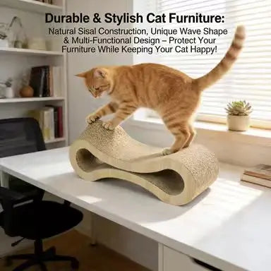 Wavy Cat Scratcher: Corrugated Surface, Ergonomic Design, Natural Wood (Beige)