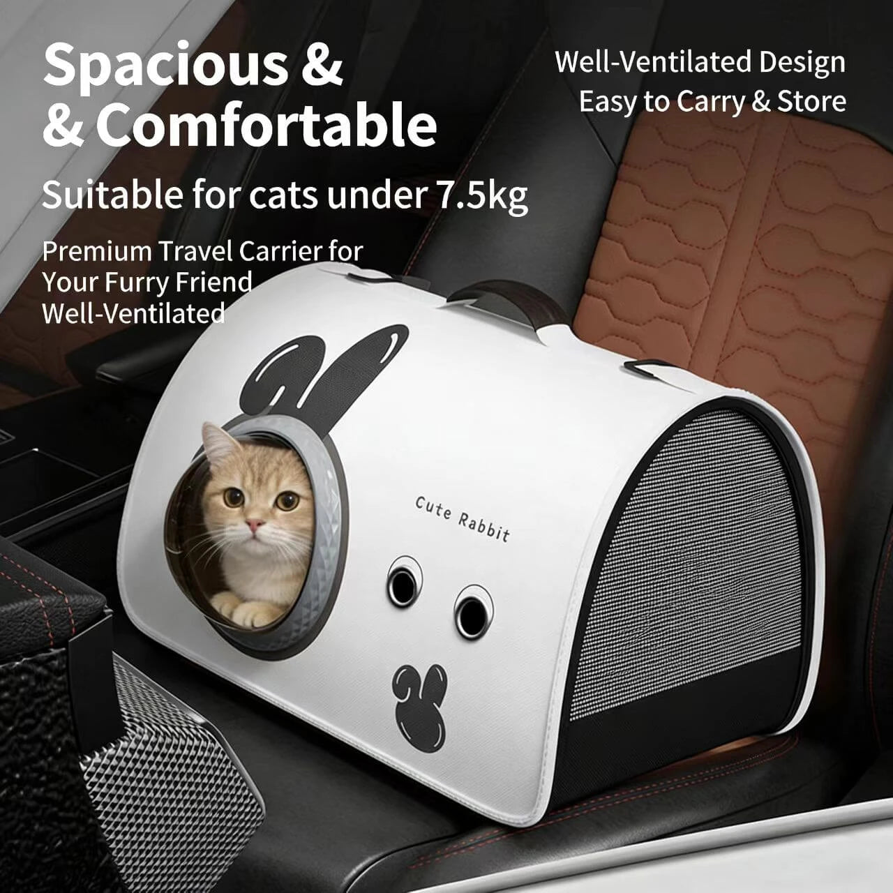 Travel Cat Carrier Bag - Airy Mesh, Cute Cartoon Pattern, White