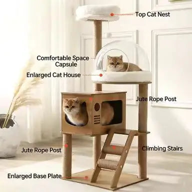 Multi-Functional Cat Scratcher Tree: Sisal Posts, Hideaway, Perch & Hanging Toy