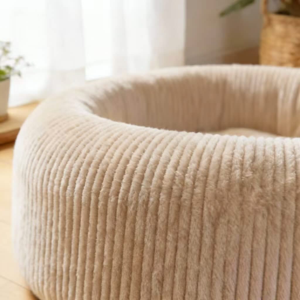 Corduroy Pet Bed for Cats - Beige, Round, Soft Fabric, Cozy Cushion, All-Season