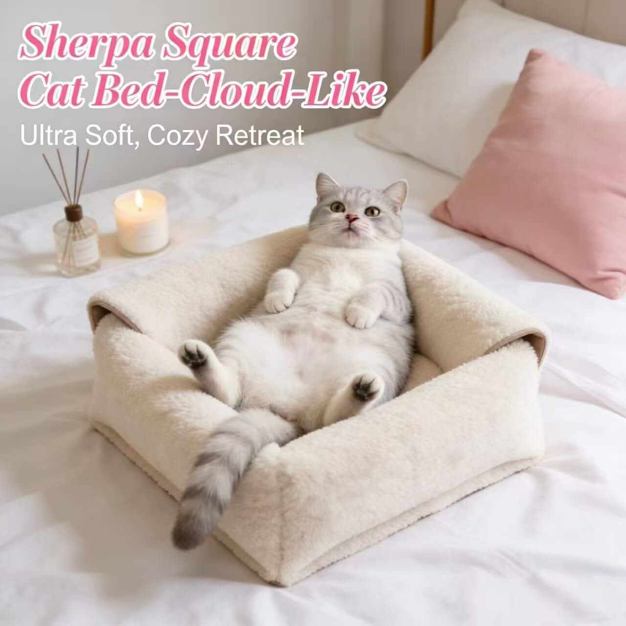 Shearling-Like Pet Bed for Cats - Cream, Square, Soft Plush, Cozy Cushion, All-Season
