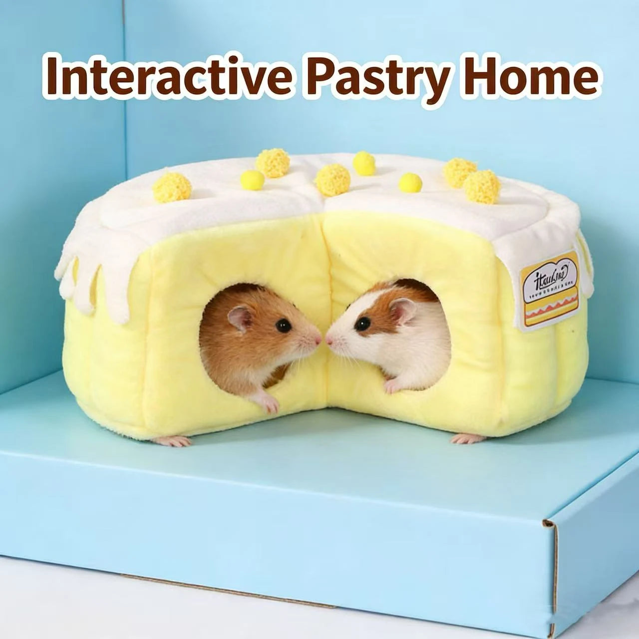 Comfort Hide Pet Nest for Hamsters/Guinea Pigs - Cake-Shaped Plush Multi-Entrance Yellow-White