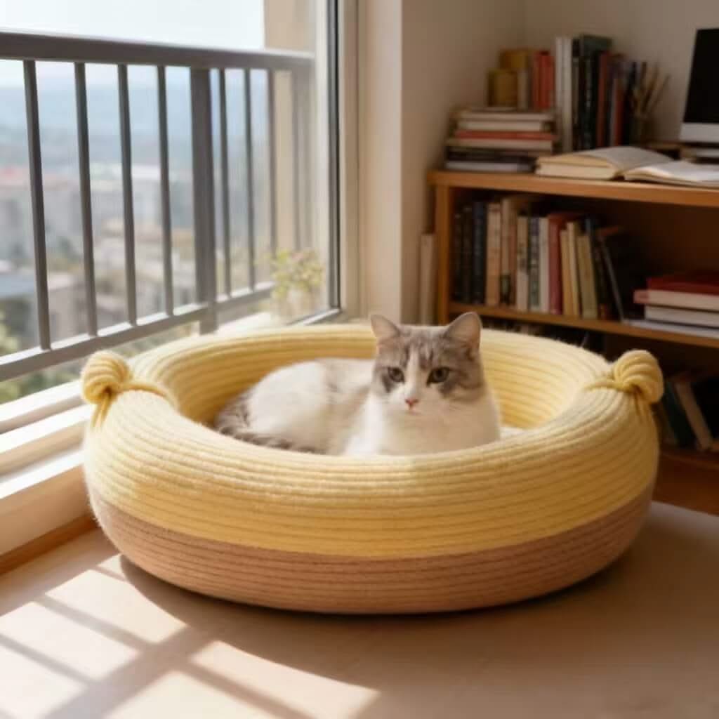 Cozy Knitted Pet Bed for Cats - Yellow-Beige, Round, Knot Decor, Soft Yarn Fabric