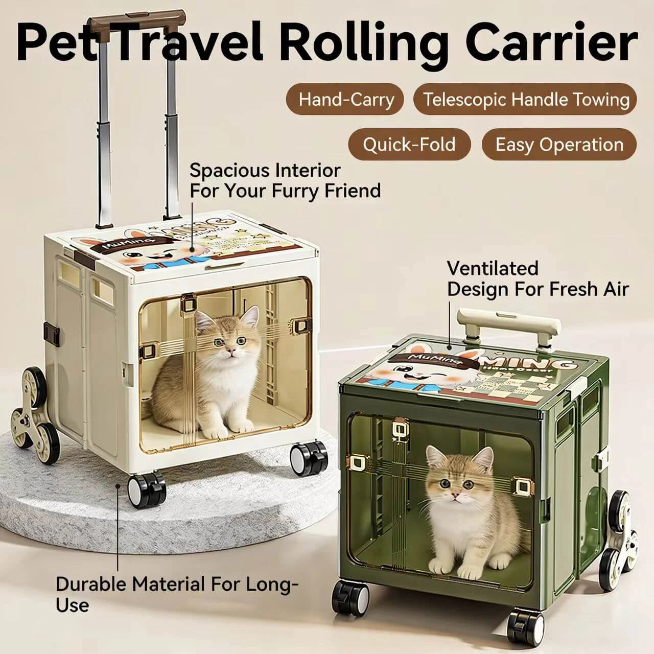 Travel Cat & Dog Trolley Case - Cartoon Design, Portable, Beige