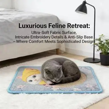Luxury Cat Scratcher Mat: Soft Fabric, Embroidery Design, Anti-Slip Base