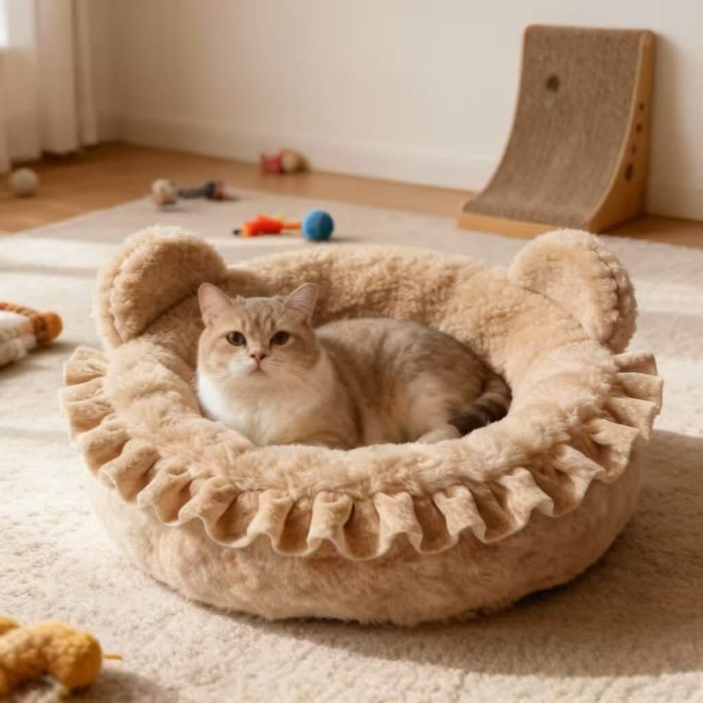 Adorable Ear-Shaped Pet Bed for Cats - Ruffled Trim, Plush Fleece, Beige, Cozy Cushion, All-Season