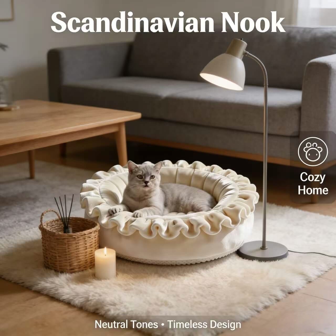 Cozy Ruffled Pet Bed for Cats- Soft Velvet, Round Cushion, Beige, All-Season