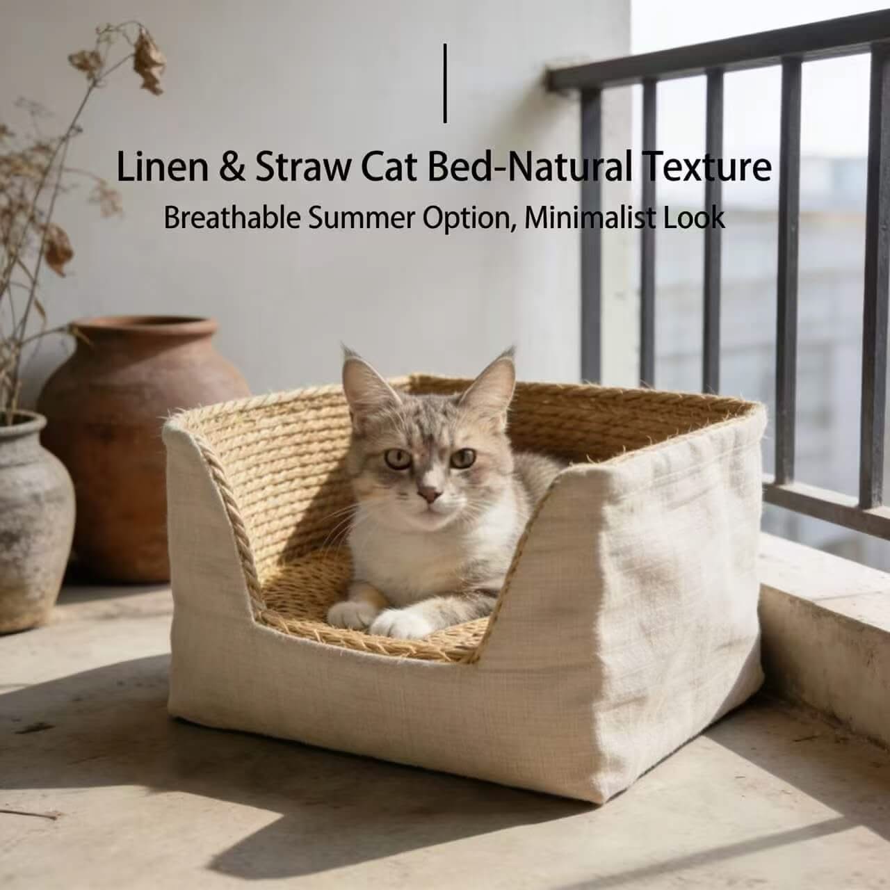 Natural Weave Pet Bed for Cats - Beige, Wicker-Linen, Breathable, Cozy Cushion, All-Season