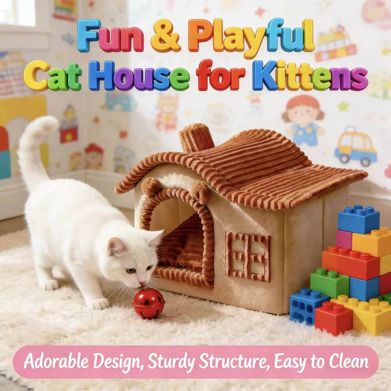 Warm Pet House for Cats - Corduroy Material, Cottage Design, Brown/Beige Rest Bed