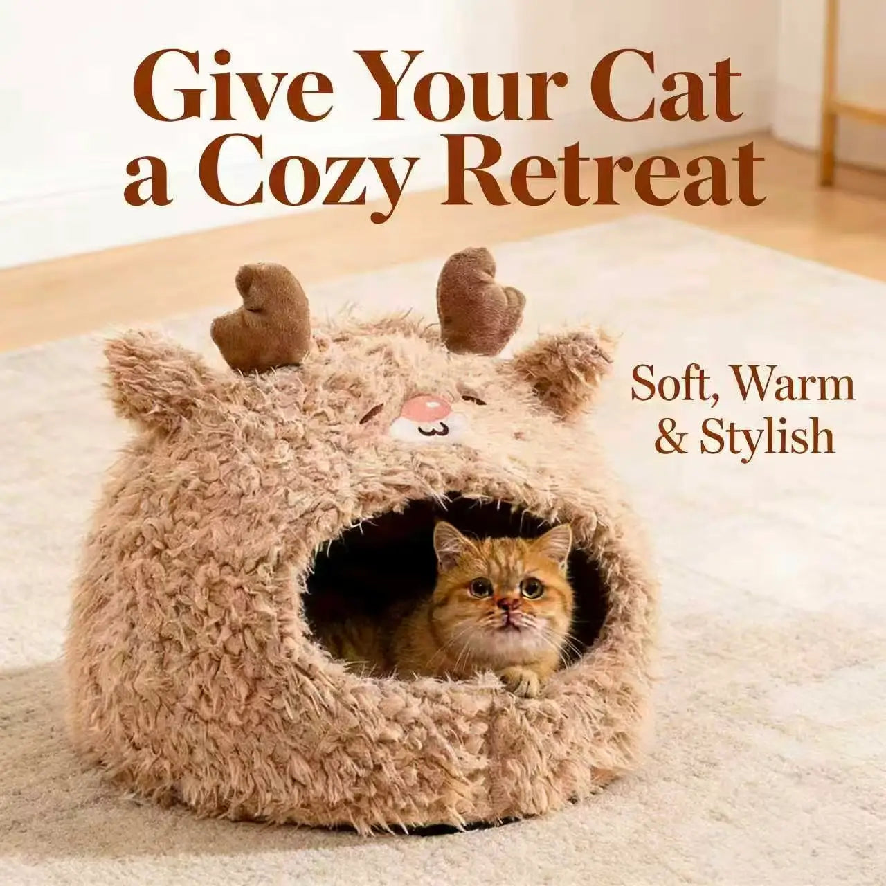 Warm Enclosed Cat Bed: Reindeer Design, Fluffy Plush Fabric (Brown, Winter)