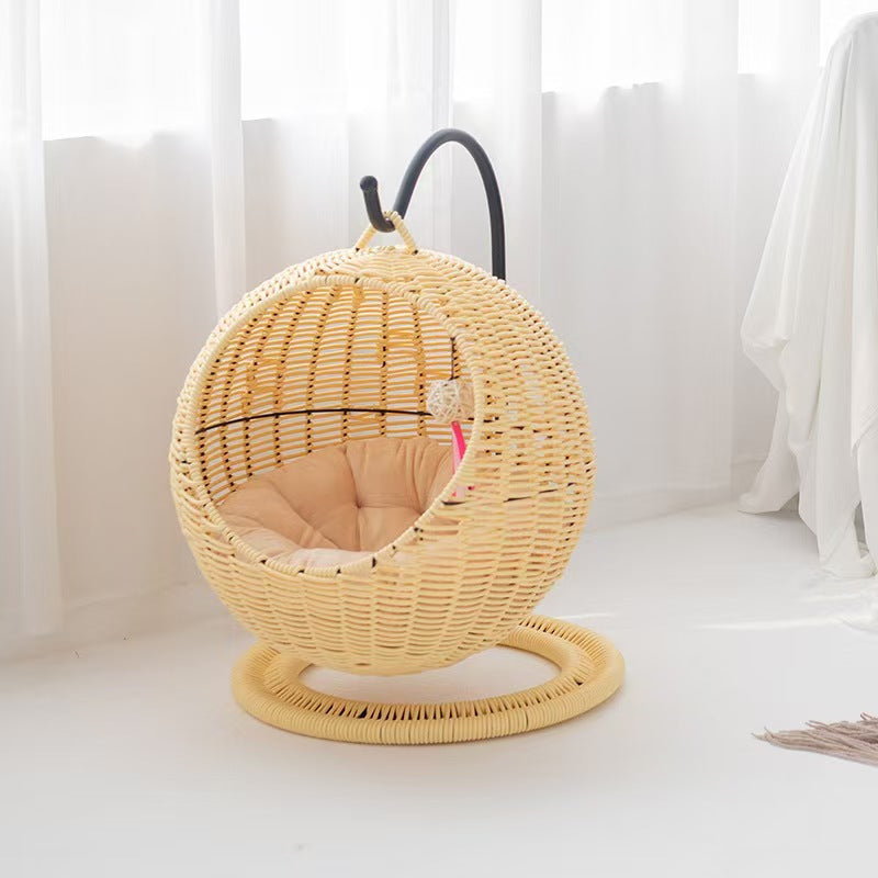 Elevated Pet Swing for Cats - Rattan Material, Egg Design, Beige Rest Hammock
