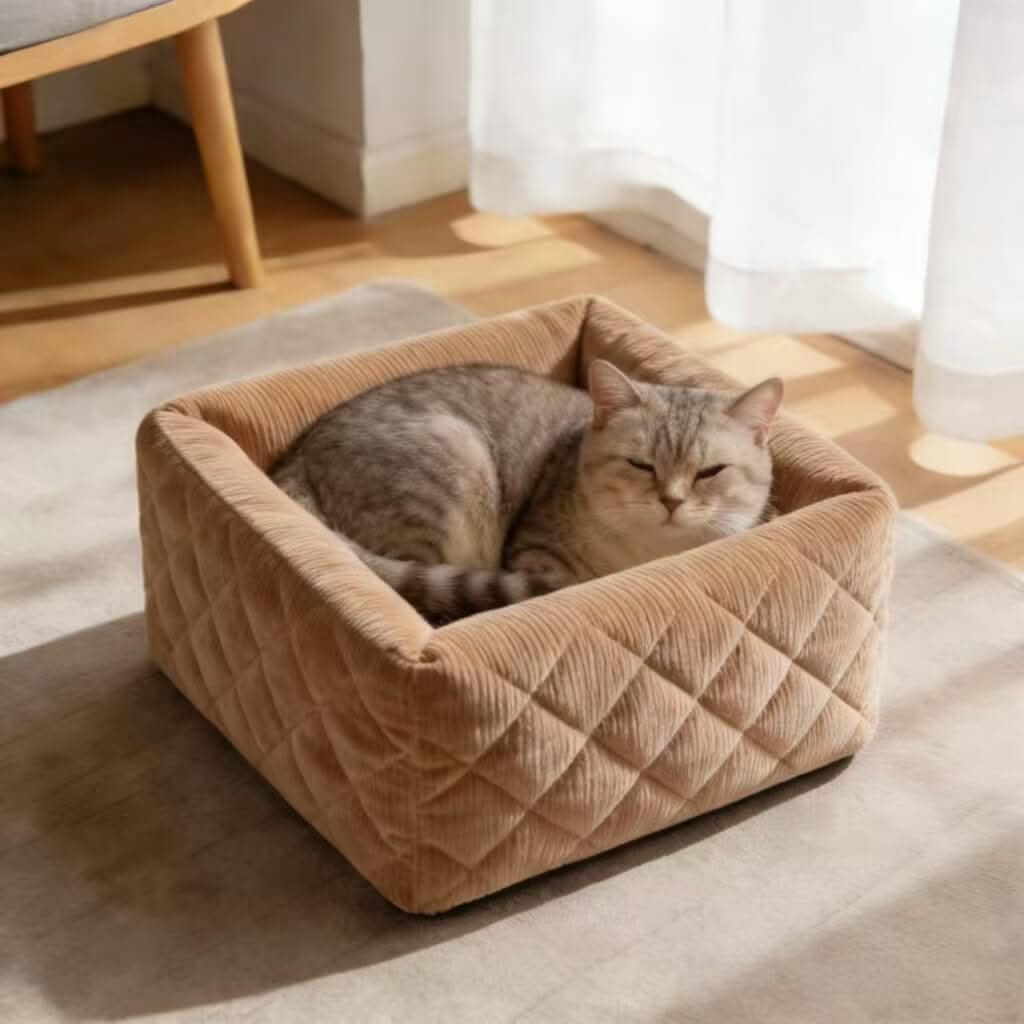 Cozy Pet Bed for Cats - Beige, Square, Corduroy Fabric, Quilted Design