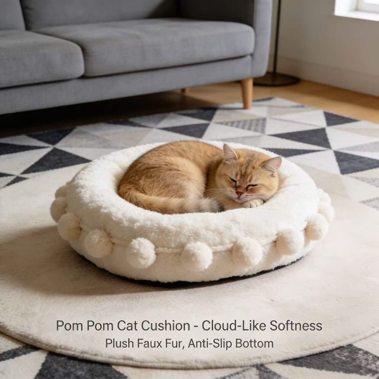 Pom-Pom Pet Bed for Cats - Cloud-Soft, Faux Fur, White, Anti-Slip, Cozy Cushion