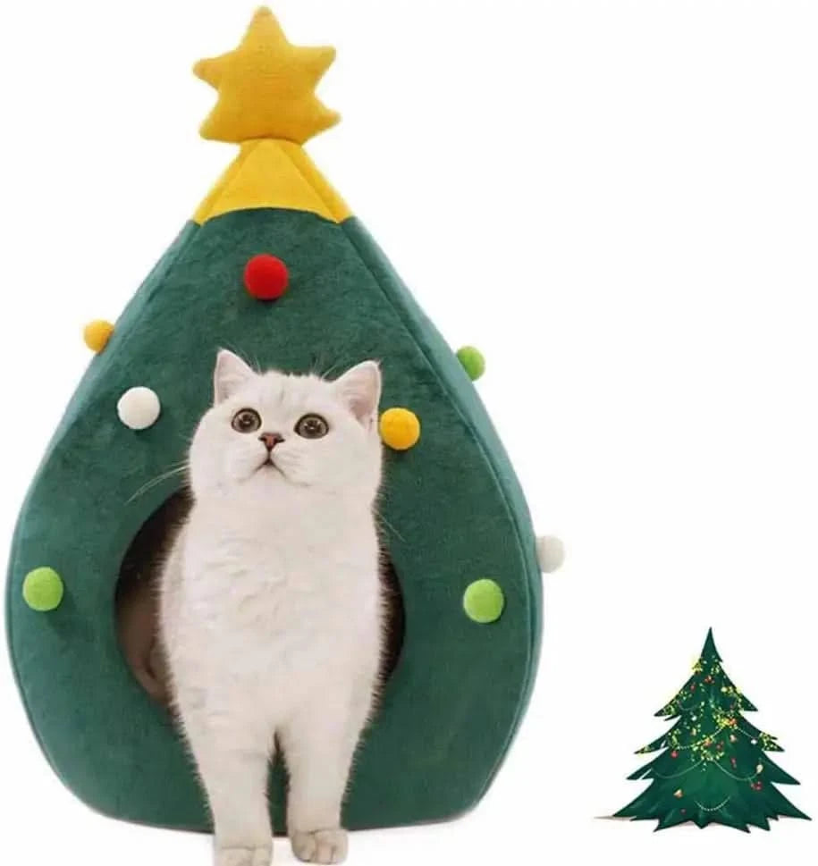 Cozy Christmas Tree Pet Bed Cave for Cats Small Dogs, Festive Igloo House