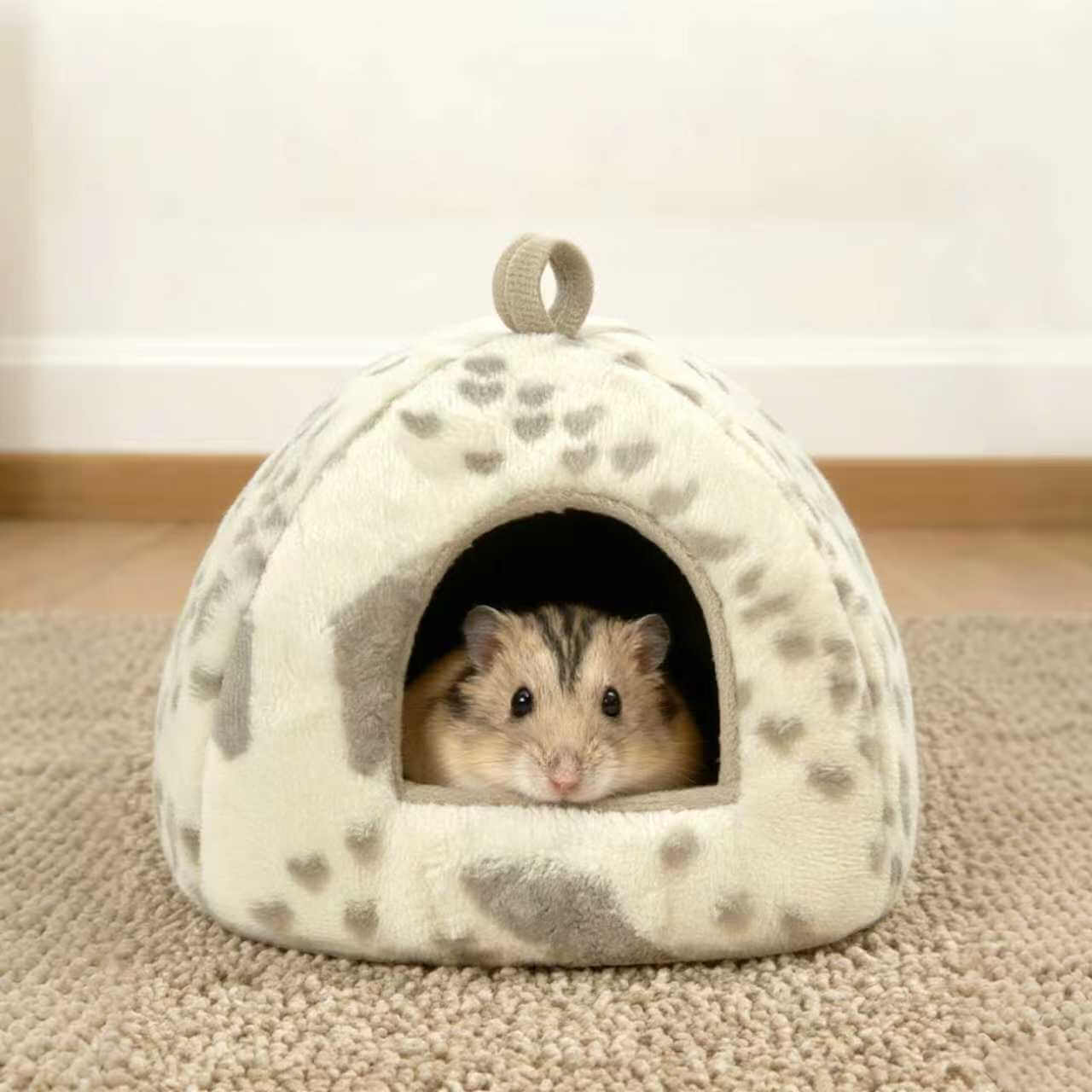 Adorable & Easy-Clean Hamster House for Hamsters - Paw Print, Beige-Gray, Plush Fabric