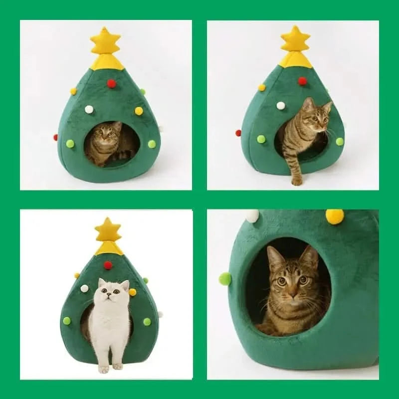 Cozy Christmas Tree Pet Bed Cave for Cats Small Dogs, Festive Igloo House