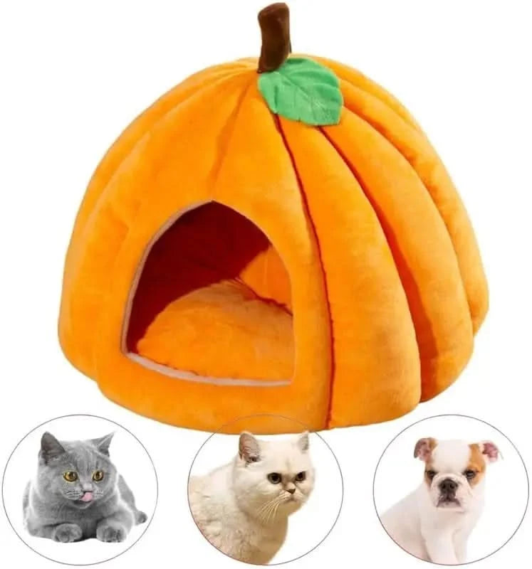 Cozy Pumpkin Cat Cave Bed for Indoor Cats & Small Dogs, Plush Warm Removable Cushion
