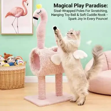Flamingo Cat Scratcher Tree: Sisal Posts, Hideaway, Pink/White Cute Design