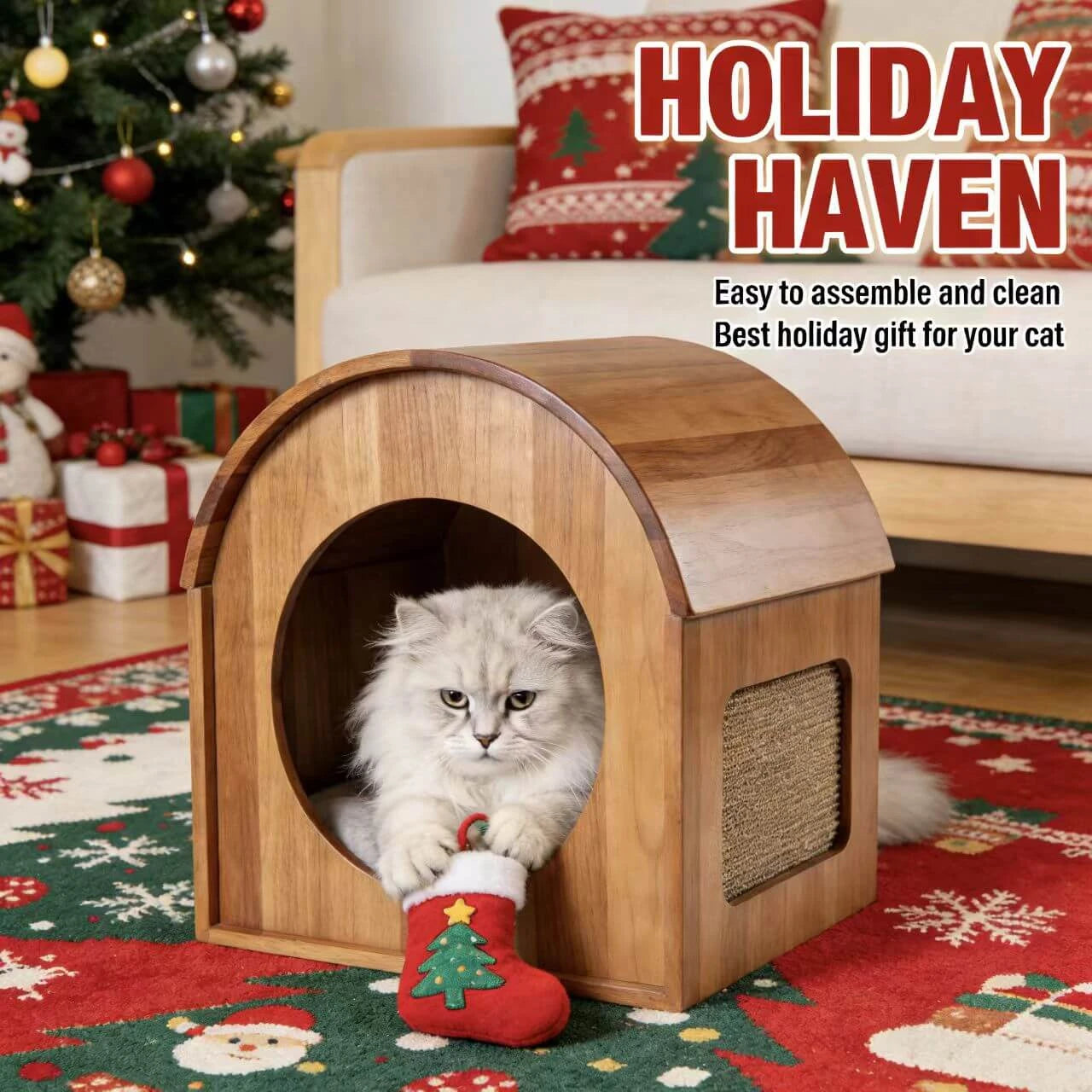 Modern Cat Cave with Scratching Pad - Removable Cushion, Premium Pet Furniture