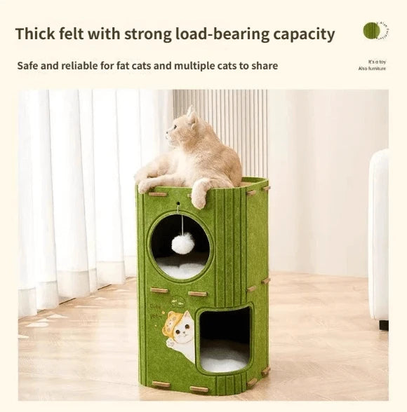 Multi-Level Cat Condo - Tree Design, Interactive Pom-Pom, Green Felt
