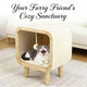 Square Wooden Cat Cave & Scratcher: Elevated Hideaway with Cushion & Toy, Modern Furniture for Indoor Cats