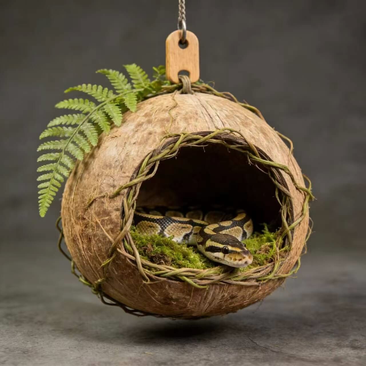Hanging Coconut Snake Hide: Moss Lining, Fern Accent, Natural Habitat for Snakes
