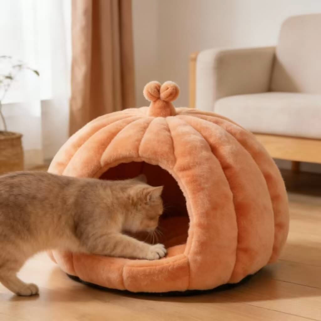 Pumpkin-Shaped Pet Cave Bed for Cats - Plush, Peach, Cozy Hiding Spot, All-Season