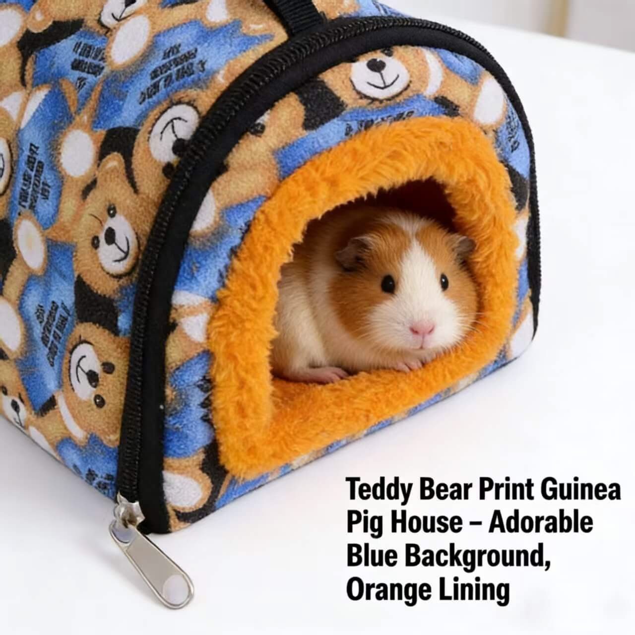 Adorable Teddy Bear Print Guinea Pig House: Blue Background, Orange Lining for Guinea Pigs