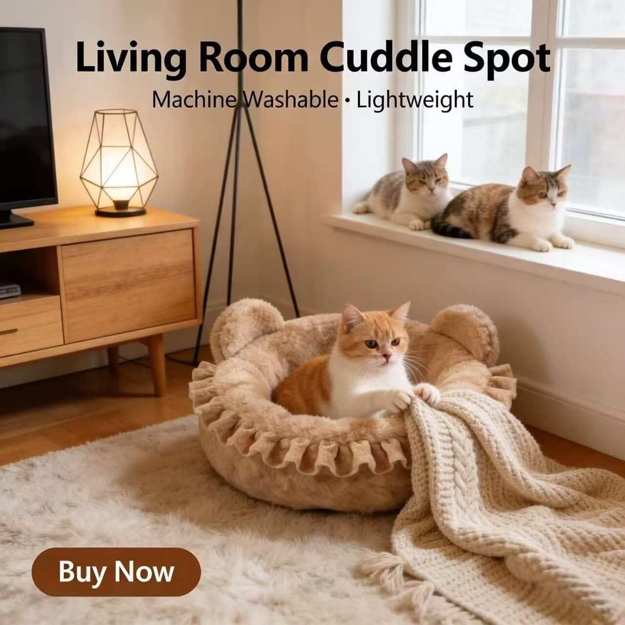 Adorable Ear-Shaped Pet Bed for Cats - Ruffled Trim, Plush Fleece, Beige, Cozy Cushion, All-Season