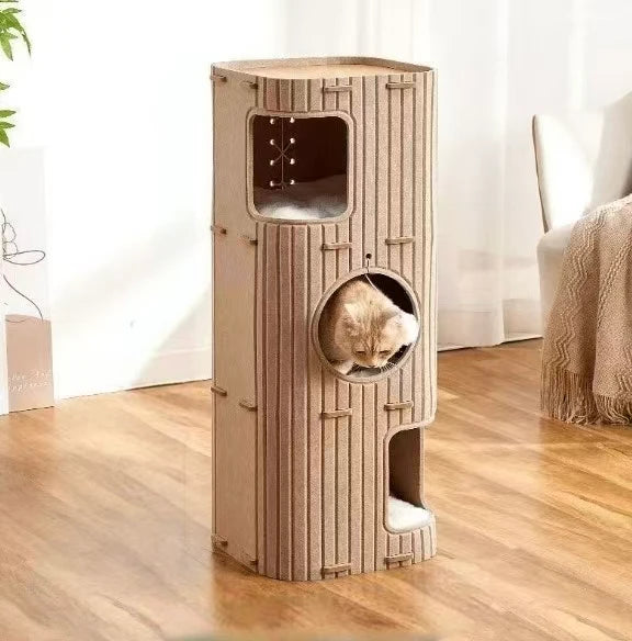 Multi-Level Cat Condo - Tree Design, Interactive Pom-Pom, Green Felt
