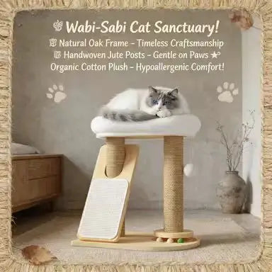 Minimalist Cat Scratcher Tree: Sisal Posts, Interactive Toys, Wooden Base (White-Beige)
